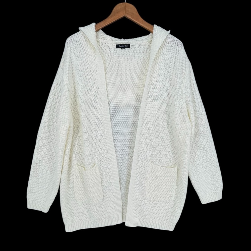 Beecarchil Hooded Cardigan Sweater Loose Knit Open Front XL